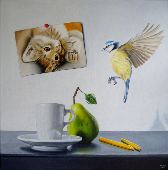 La mésange bleue et le chaton 绘画, 15.8x15.8 in