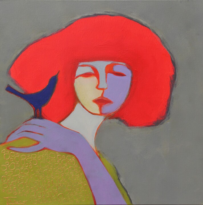 Porträt mit einer Drossel. 绘画, 19.7x19.7 in