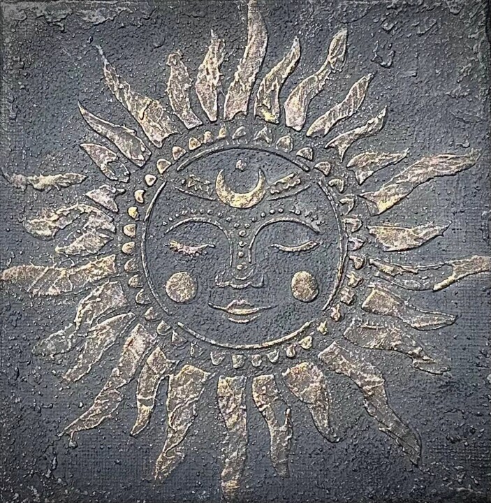 Sun Amulet | Small Textured Metallic Symbol Art Pittura, 5,9x5,9 in