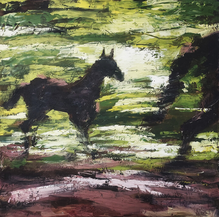 Painting titled "Run, baby, run..." by Eugis Eidukaitis, Original Artwork, Oil