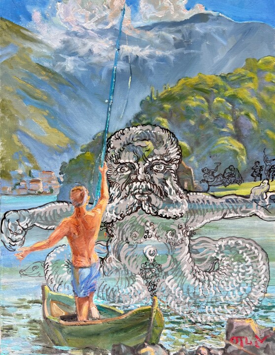 Painting titled "Triton and the Fish…" by Peter Otlan, Original Artwork, Oil