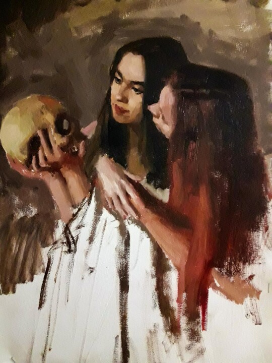 Study for two women examining a skull 绘画, 19.7x13.4 in