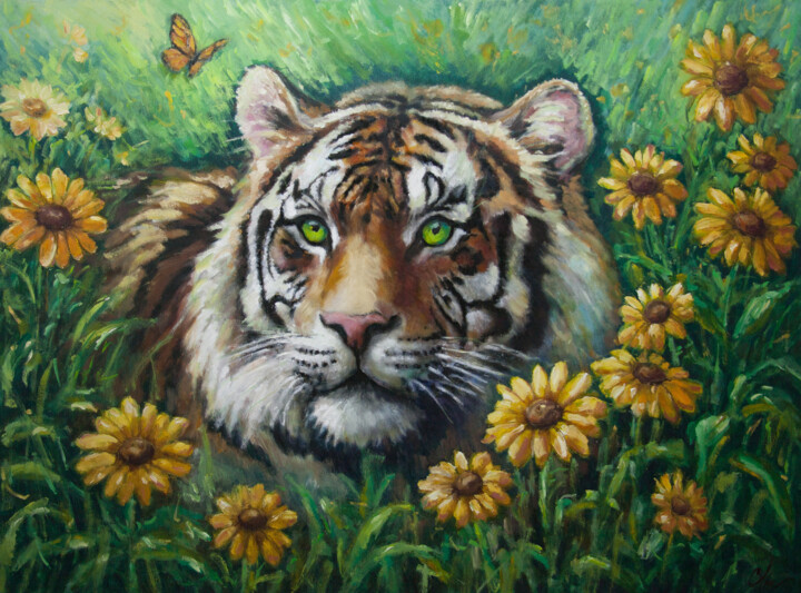 The Tiger among Wild Flowers 绘画, 29.1x39.4 in