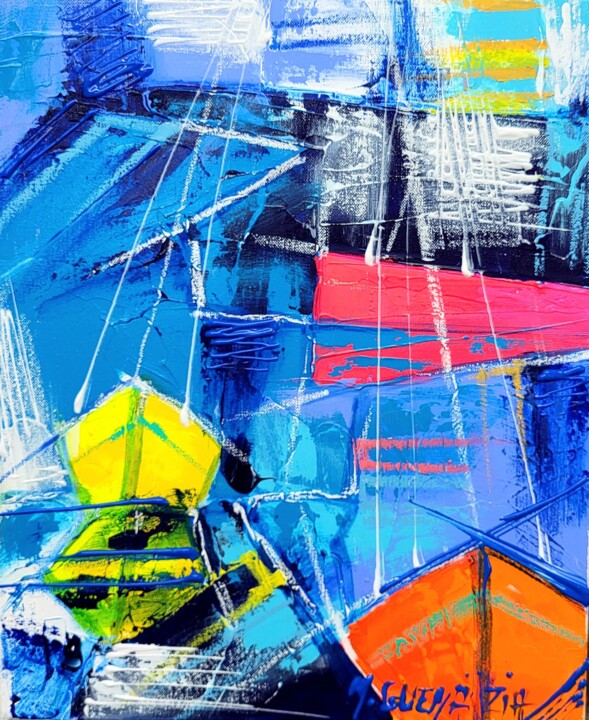 Schilderij getiteld "SEASIDE EN BLEU" door Myriam Guenaizia, Origineel Kunstwerk, Acryl Gemonteerd op Frame voor houten bran…