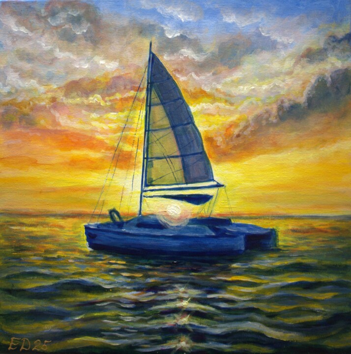 Painting titled "Catamarano all'alba." by Elena Dunaeva, Original Artwork, Acrylic Mounted on Wood Stretcher frame