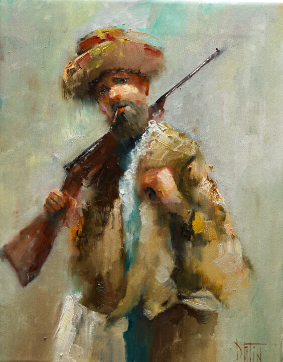 Painting titled "hunter" by Pavel Filin, Original Artwork, Oil Mounted on Wood Stretcher frame