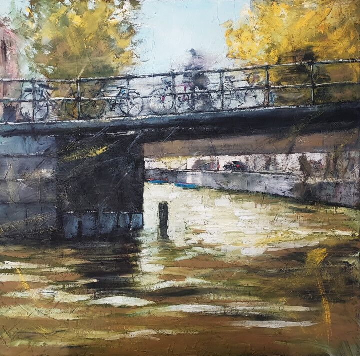 Painting titled "Autumn in Amsterdam" by Eugis Eidukaitis, Original Artwork, Oil