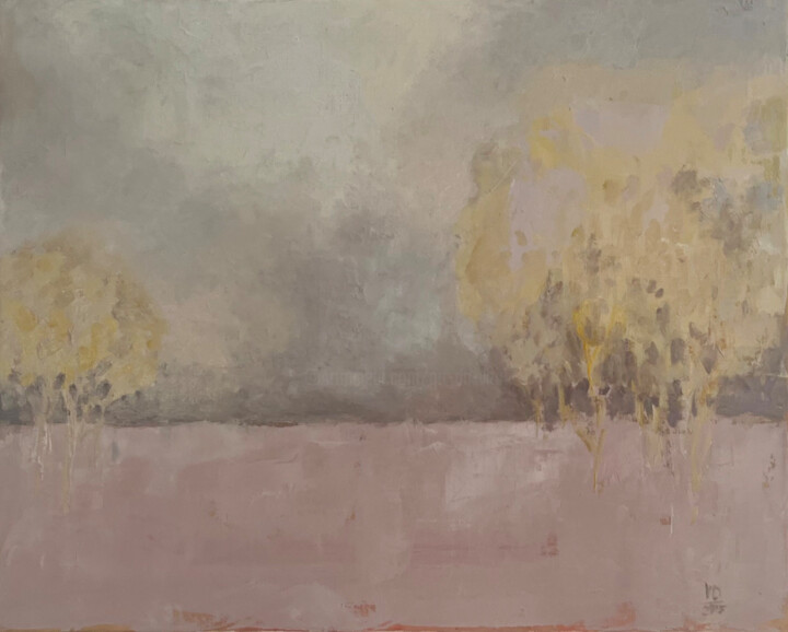 Drawing titled ""Pink Lands"" by Vita Daneva, Original Artwork, Oil Mounted on Wood Stretcher frame