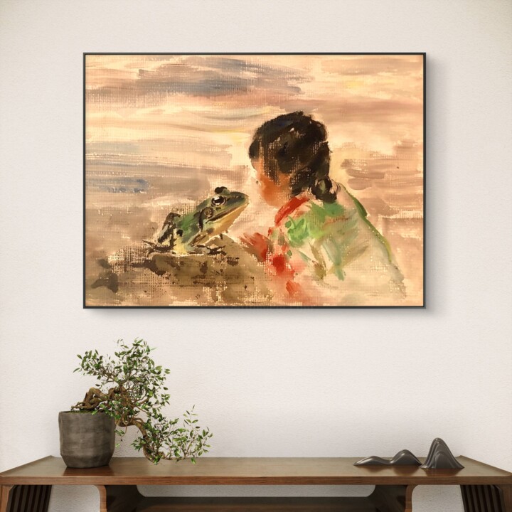 Girl and Frog Connection – Oil Painting 30x20 cm Wall Art