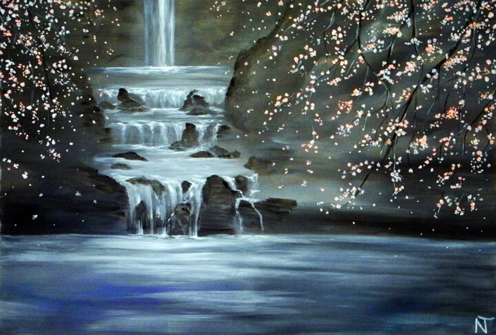 CASCADE ET CERISIER Schilderij, 31,9x45,7 in