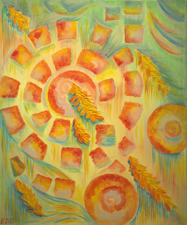 Painting titled "Fields of gold. The…" by Elena Dunaeva, Original Artwork, Acrylic Mounted on Wood Stretcher frame