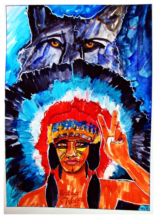 Painting titled "Brother Wolf" by Walter Vermeulen, Original Artwork, Watercolor