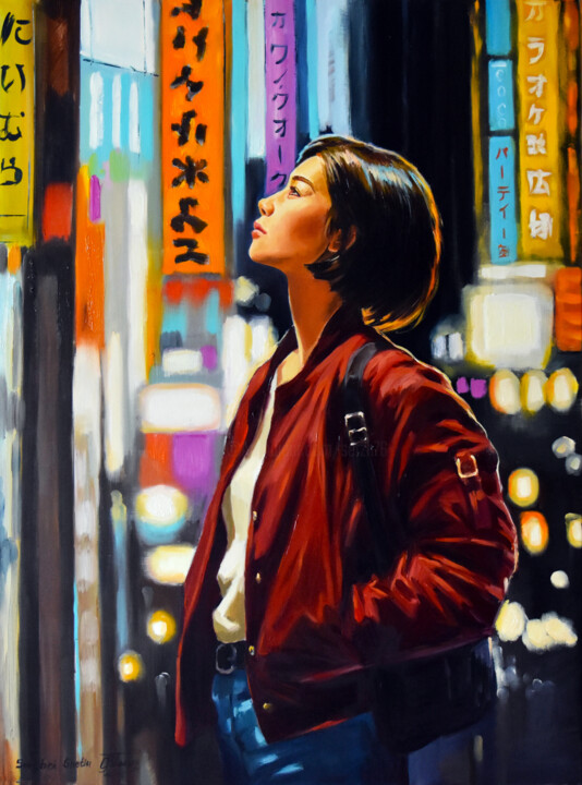Painting titled "Walking in the nigh…" by Serghei Ghetiu, Original Artwork, Oil Mounted on Wood Stretcher frame