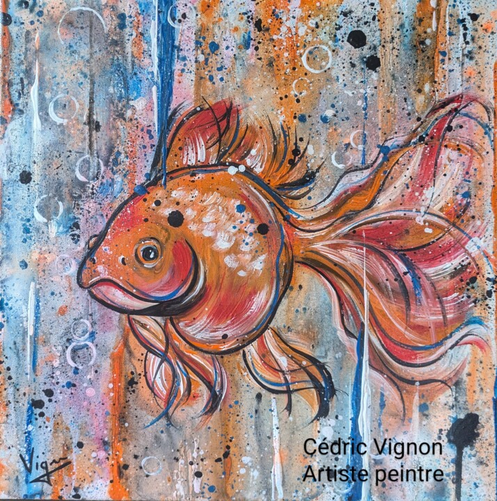 Peinture poisson rouge animal street art rouge blanc orange 绘画, 15.8x15.8 in