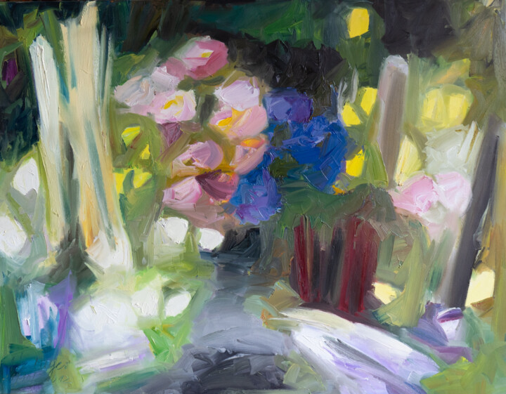 Painting titled "Weg in den Garten I" by Ute Meyer, Original Artwork, Oil Mounted on Wood Stretcher frame