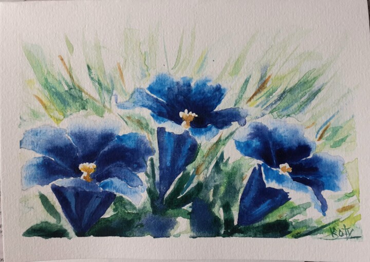 Gentianes bleues des Alpes 绘画, 3.5x5.5 in