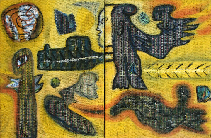 Textile Art titled "Schatzinsel" by Danjana Brandes, Original Artwork, Oil Mounted on Wood Stretcher frame