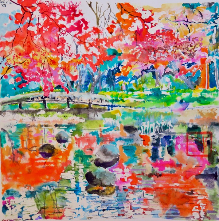 Jardín japonés en Tokio Schilderij, 12,2x12,2 in