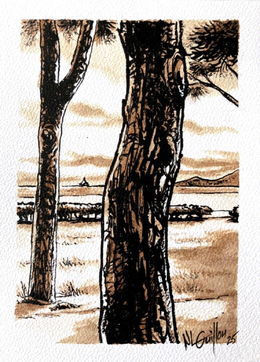 Bateau entre deux arbres Schilderij, 7,1x5,1 in