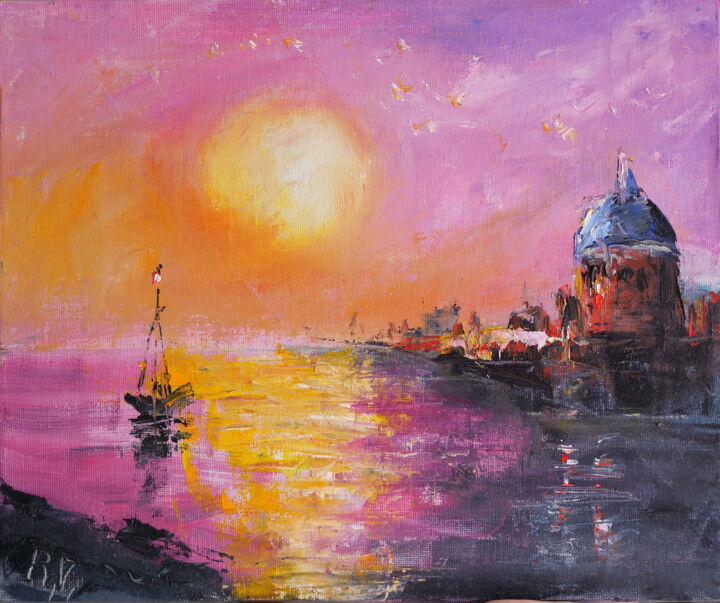 绘画 标题为“Venice Sunset Lands…” 由Dr. Barmely, 原创艺术品, 油 安装在纸板上