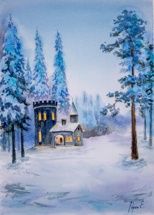 Painting titled "Castle in a winter…" by Eugene Popov, Original Artwork, Watercolor