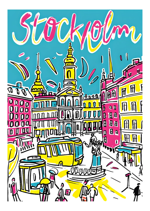 Vibrant Stockholm Cityscape Art Print 数字艺术, 46.5x65.1 in