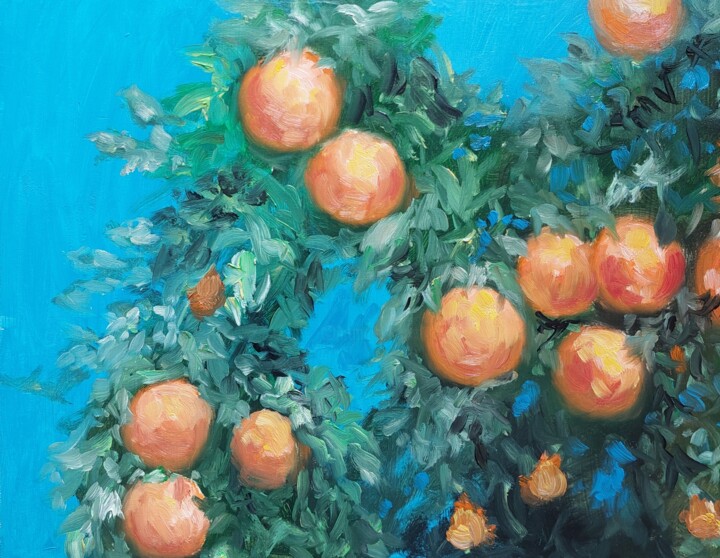 Painting titled "Orange tree in the…" by Els Driesen, Original Artwork, Oil Mounted on Wood Panel
