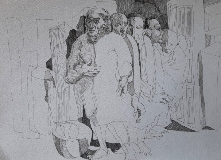 Drawing titled "Waiting for God" by Alexey Zhucovsky, Original Artwork, Ink