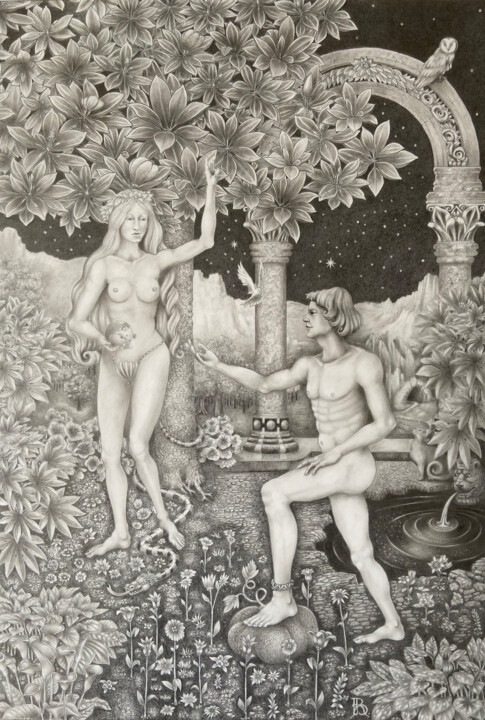 Adam et Eve au jardin d'eden Disegno, 20,7x14 in
