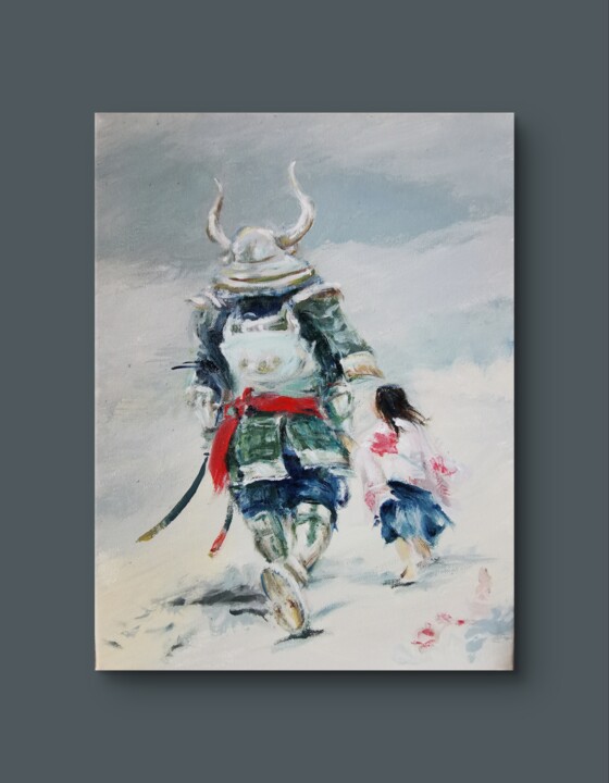 Samurai and Child – Emotional Figurative Japanese Painting