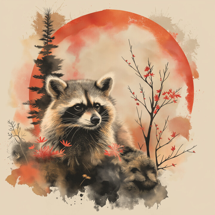Red Sun Serenity: Raccoon Art Print 数字艺术
