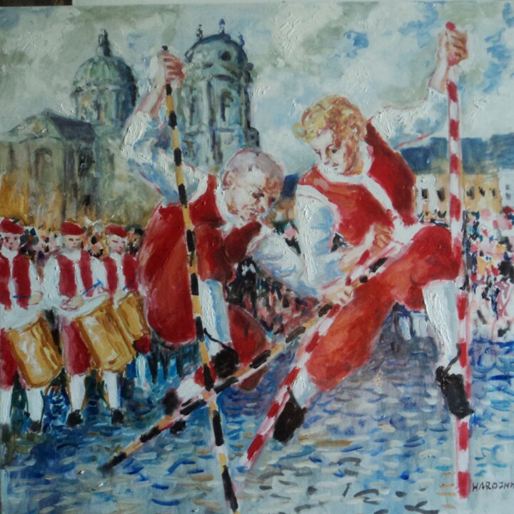 Painting titled "Echasseurs namurois" by Claude Hardenne, Original Artwork, Oil
