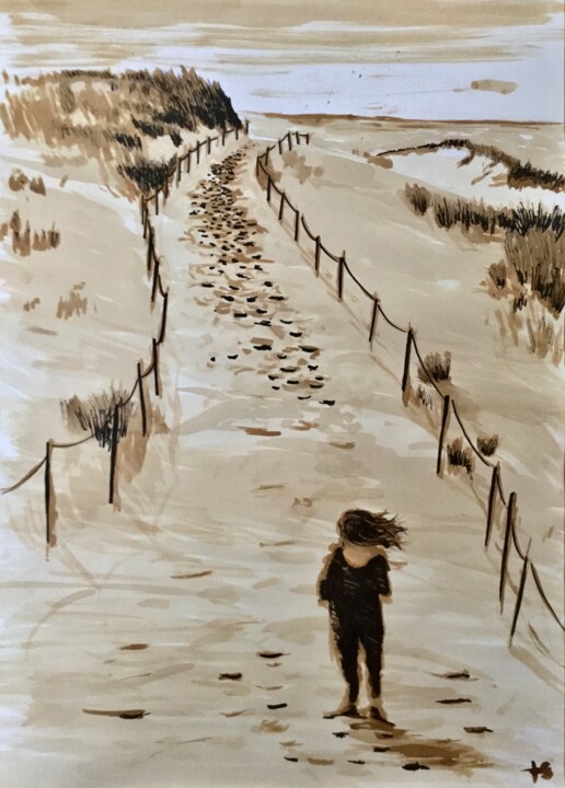 Painting titled "Windy beach" by Hugo Silva, Original Artwork, Watercolor