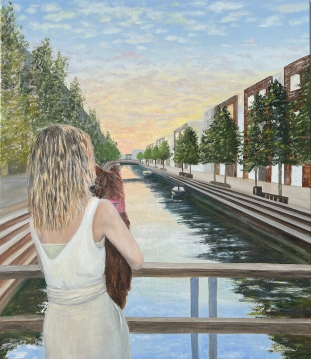 Painting titled "Girl at Sunset" by Oksana Salminen, Original Artwork, Oil Mounted on Wood Stretcher frame