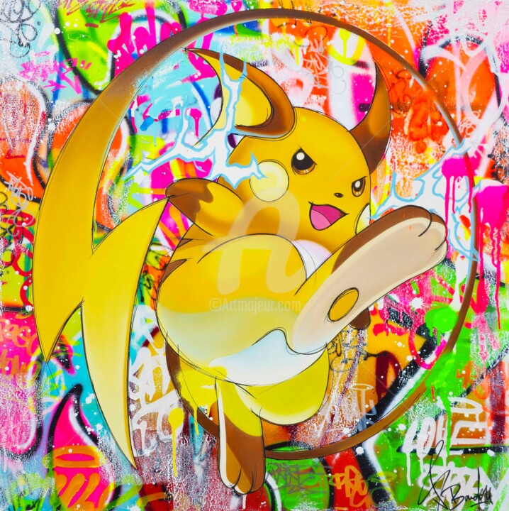 Schilderij getiteld "Pokemon Raichu" door Vincent Bardou, Origineel Kunstwerk, Acryl Gemonteerd op Frame voor houten brancard