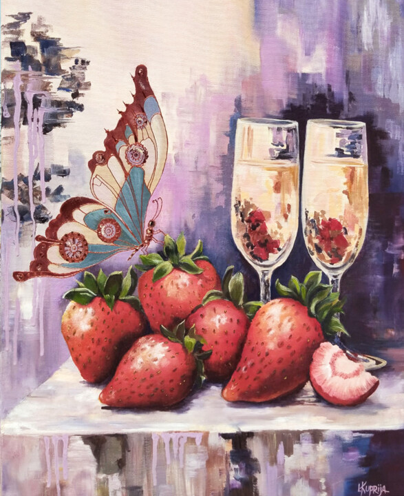 Painting titled "Strawberries and Ch…" by Irina Kuprijanova, Original Artwork, Oil Mounted on Wood Stretcher frame
