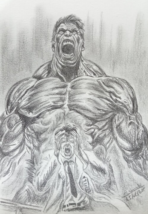 Illustration du personnage de Marvel: Hulk réalisé aux crayo 图画, 11.7x8.3 in
