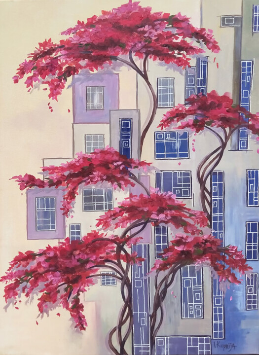 Painting titled "Bright Bougainville…" by Irina Kuprijanova, Original Artwork, Oil Mounted on Wood Stretcher frame