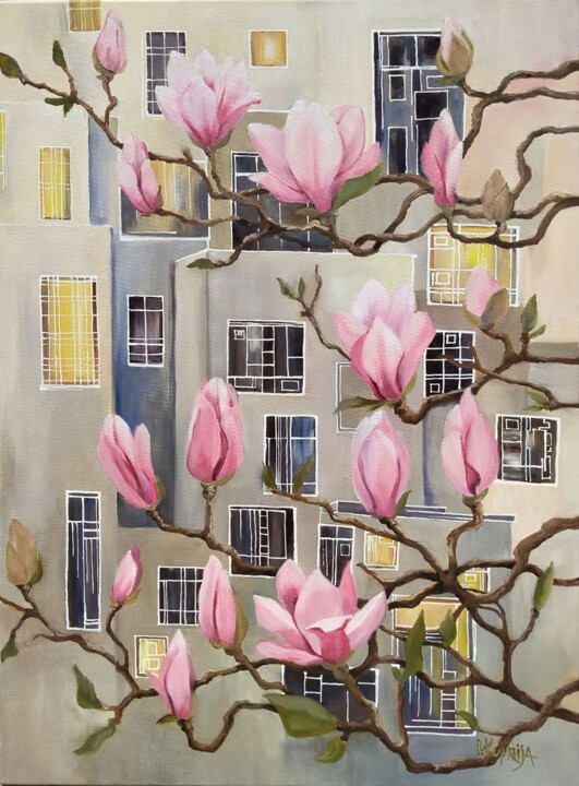 Painting titled "Magnolia in the City" by Irina Kuprijanova, Original Artwork, Oil Mounted on Wood Stretcher frame