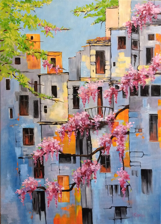 Painting titled "Wisteria in the Sun…" by Irina Kuprijanova, Original Artwork, Oil Mounted on Wood Stretcher frame