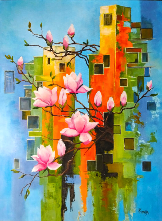 Painting titled "Magnolia in the Dre…" by Irina Kuprijanova, Original Artwork, Oil Mounted on Wood Stretcher frame