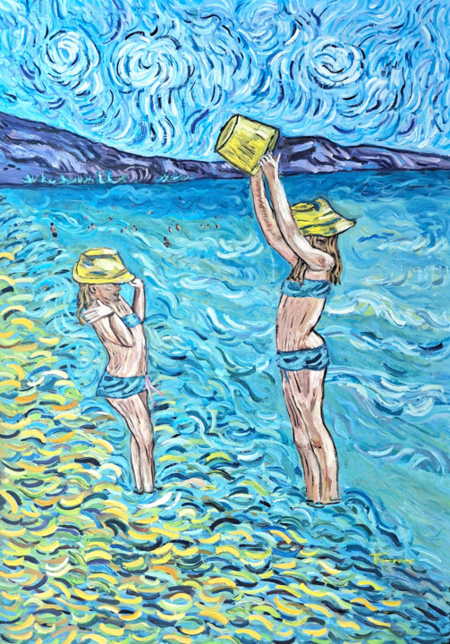 Painting titled "A day at the beach" by Yorgos Touskas, Original Artwork, Acrylic Mounted on Wood Stretcher frame