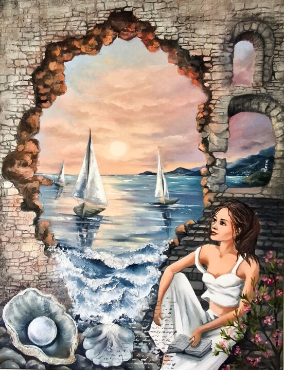 Painting titled "My dreams about sea" by Galina Shumilova, Original Artwork, Oil Mounted on Wood Stretcher frame