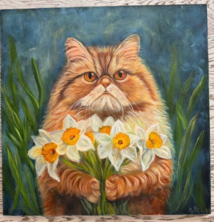"Exotic Shorthair Beauty with Flowers" Painting, 19.7x19.7 in