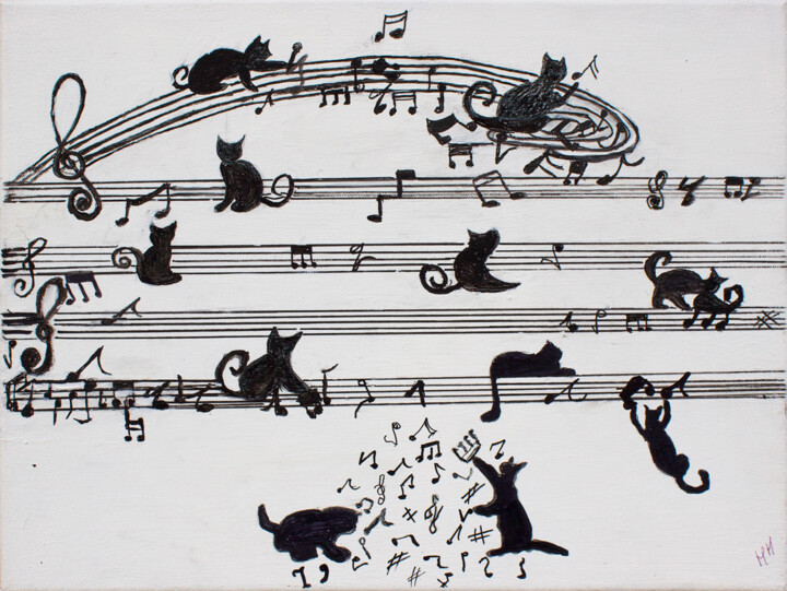 Chats écrivent une partition 绘画, 9.5x11.8 in