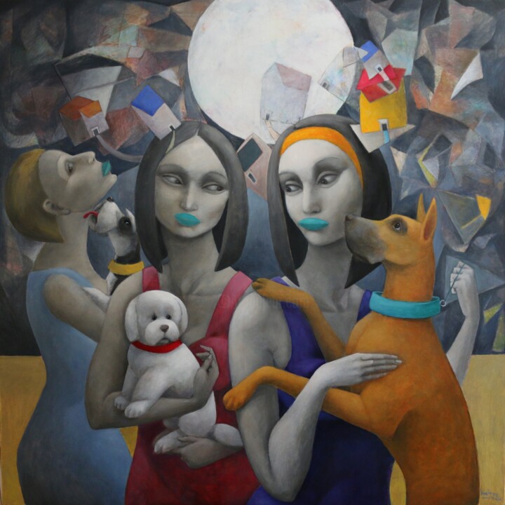 Peinture intitulée "Bajo la misma Luna" par Hector Acevedo, Œuvre d'art originale, Huile Monté sur Châssis en bois