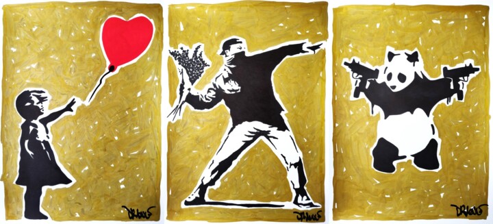 Love gold ( Tribute to Banksy ) 绘画, 15.8x35.4 in
