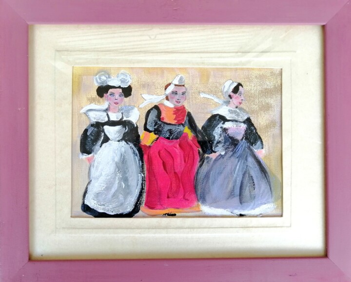 Les danseuses Bretonnes. 绘画, 5.9x8.3 in