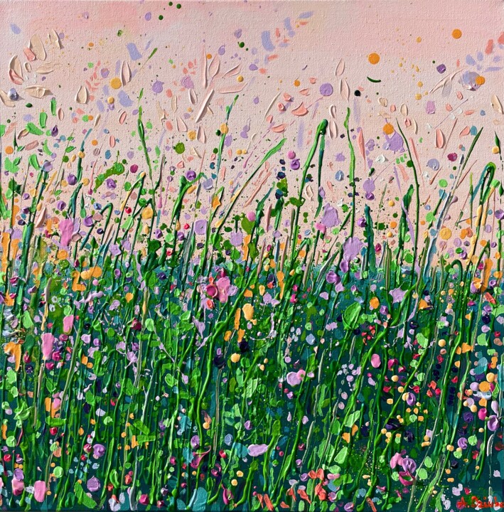 Painting titled "Blush Meadow Sunset" by Adriana Dziuba, Original Artwork, Acrylic