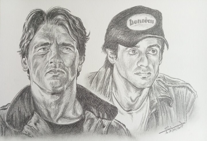 Illustration des acteurs Schwarzenegger et Stallone réalisé Disegno, 11,7x16,5 in